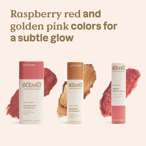 Oceanly Happy Berry Gift Set items, three stick makeup products in cream tubes beside swipes of colour, with the words raspberry red and golden pink