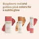 Oceanly Happy Berry Gift Set items, three stick makeup products in cream tubes beside swipes of colour, with the words raspberry red and golden pink