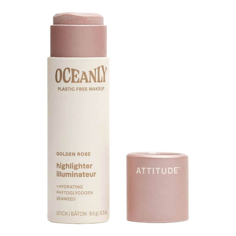 Oceanly Highlighter Golden Rose 8g, an open cream stick tube with its dusty pink cap beside it on white, clear product photo, single image