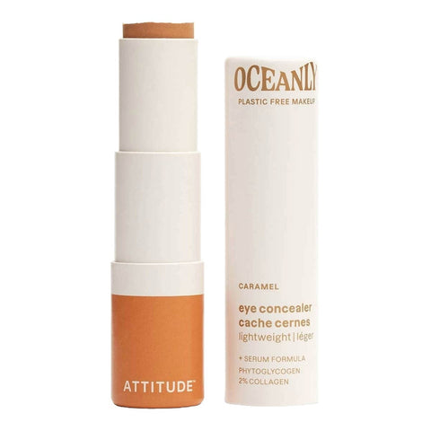 Oceanly Light Coverage Concealer Caramel 5g, an open twist up stick with its cream box beside it, showing orange tan concealer on white