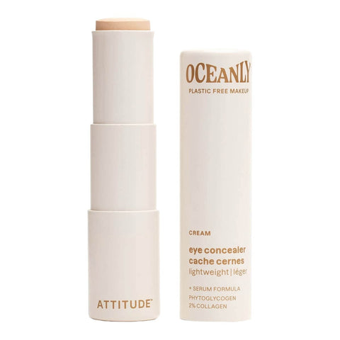 Oceanly Light Coverage Concealer Cream 5g, an open twist up stick with its cream box beside it, showing pale cream concealer on white