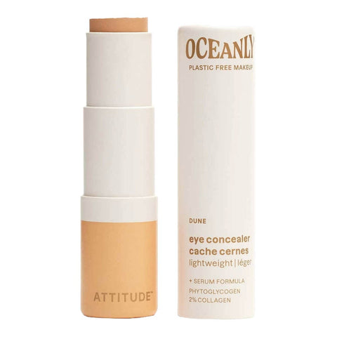 Oceanly Light Coverage Concealer Dune 5g, an open twist up stick with its cream box beside it, showing caramel peach concealer on white