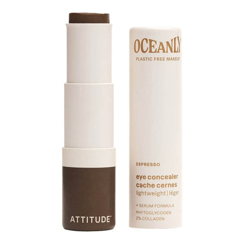 Oceanly Light Coverage Concealer Espresso 5g, an open twist up stick with its cream box beside it, showing dark brown concealer on white
