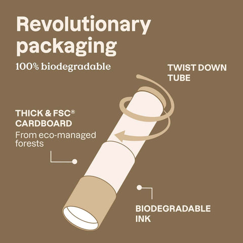 Oceanly Light Coverage Concealer infographic on brown reading Revolutionary Packaging, 100% biodegradable, with the twist down tube labelled
