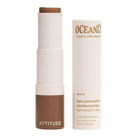 Oceanly Light Coverage Concealer Moka 5g, an open twist up stick with its cream box beside it, showing brown concealer on white