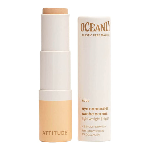Oceanly Light Coverage Concealer Nude 5g, an open twist up stick with its cream box beside it, showing pale peach concealer on white