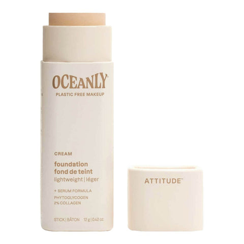 Oceanly Light Coverage Foundation Cream 12g, an open cream stick tube with its white cap beside it on white, clear product photo