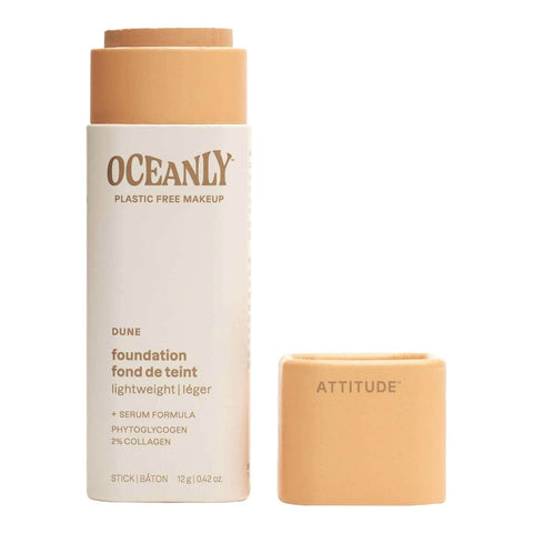 Oceanly Light Coverage Foundation Dune 12g, an open cream stick tube with its caramel peach cap beside it on white, clear product photo