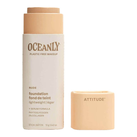 Oceanly Light Coverage Foundation Nude 12g, an open cream stick tube with its pale peach cap beside it on white, clear product photo
