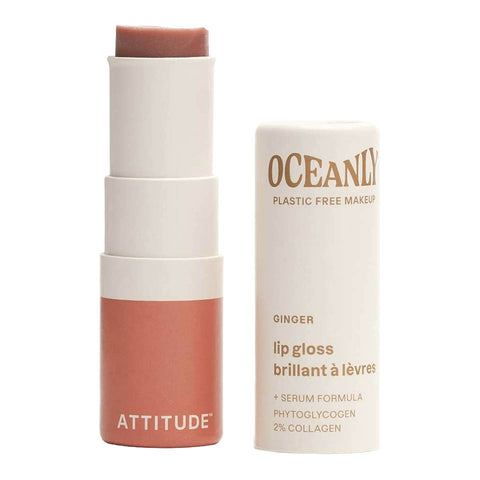 Oceanly Lip Gloss Ginger 3g, an open stick tube with a warm brown gloss and its cream cap beside it on white, clear product photo