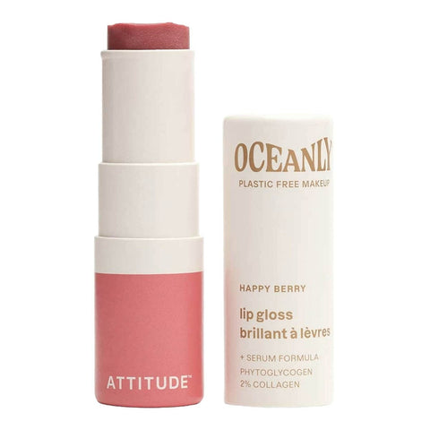 Oceanly Lip Gloss Happy Berry 3g, an open stick tube with a berry red gloss and its cream cap beside it on white, clear product photo