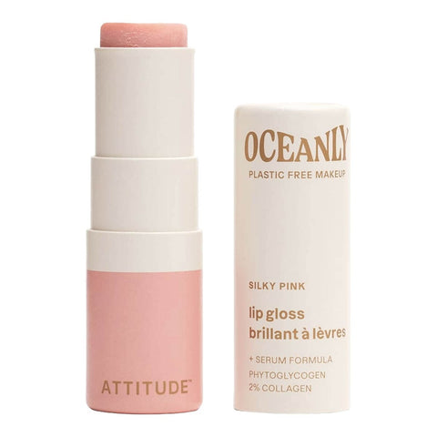 Oceanly Lip Gloss Silky Pink 3g, an open stick tube with a soft pink gloss and its cream cap beside it on white, clear product photo