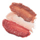 Oceanly Lip Gloss swatch, three glossy smears in brown, pale pink and red, close up on a plain white background, clear product photo