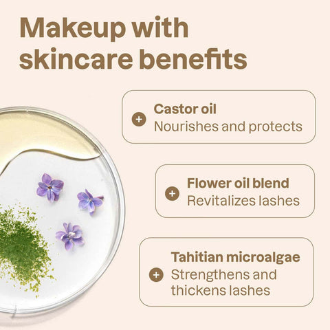 Oceanly Mascara + Serum infographic reading Makeup with skincare benefits: castor oil, flower oil blend and Tahitian microalgae