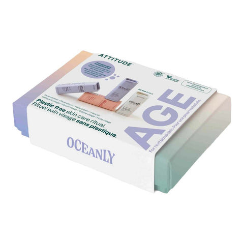 Oceanly Phyto-Age Assortment Set Routine Minis 4 pack white and pastel box with the word Age, angled side view on a plain white background