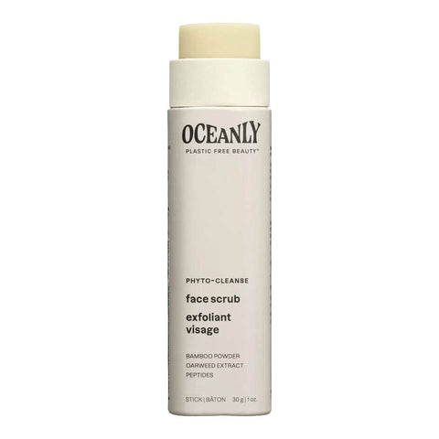 Oceanly Phyto-Cleanse Face Scrub 30g open pale grey stick tube showing the cream scrub balm on a plain white background, clear product photo