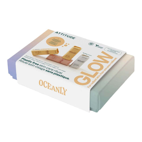 Oceanly Phyto-Glow Assortment Set Routine Minis 4 pack white and pastel box with the word Glow, angled side view on a plain white background