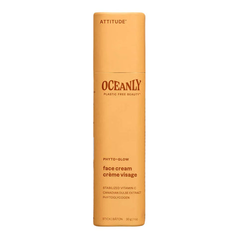 Oceanly Phyto-Glow Face Cream 30g in a taller orange stick tube, standing upright, front view on a plain white background, clear product photo
