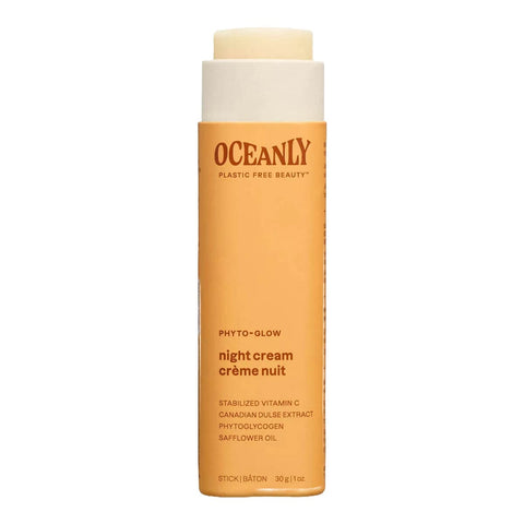 Oceanly Phyto-Glow Night Cream 30g open orange stick tube showing the pale cream balm on a plain white background, clear product photo