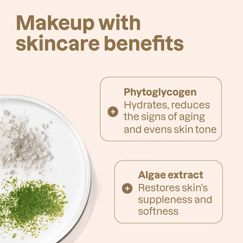 Oceanly Silky Pink Gift Set ingredients infographic reading Makeup with skincare benefits: phytoglycogen and algae extract, clear product photo