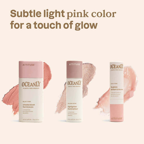 Oceanly Silky Pink Gift Set items, three pink stick makeup tubes with swipes of colour and the words subtle light pink color for a touch of glow