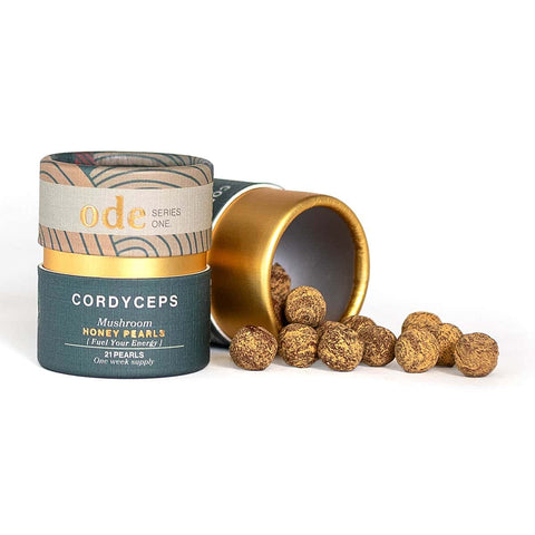 Ode Health Cordyceps Mushroom Honey Pearls 21 pearl cardboard tube pack. One week supply. Fuel your energy.