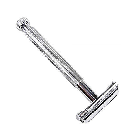 Parker Safety Razor 29L in a silver finish with a long textured handle, angled view on a plain white background, clear product photo