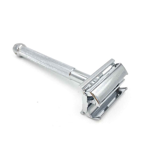 Parker Safety Razor 29L in a silver finish with a closed chrome head, angled view on a plain white background, clear product photo