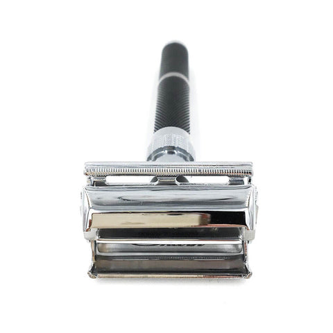 Parker Safety Razor 96R with a black handle and a chrome double edge head, seen from the front on a plain white background, clear product photo