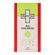 PATCH First-Aid Kit containing assorted sizes of bamboo bandages, bandage dots, cleaning buds, bandage wrap, black tweezers, scissors, and a safety pouch, all in a red tin.