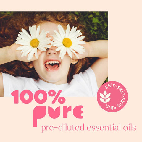 Child with daisies covering eyes, '100% Pure' pre-diluted essential oils text, and 'skin-skin' logo.
