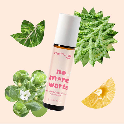 Roll-on bottle labeled 'no more warts' with ingredients pictured in cut-outs of the pale pink background.