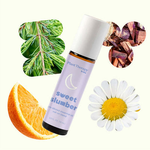 Plant Therapy Essential Roll-on Blend - Sweet Slumber 10ml with multiple images on a beige background.