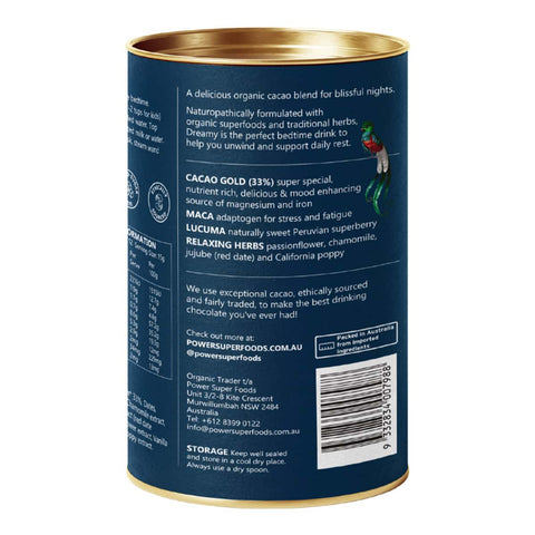 Back label of Power Super Foods Herbal Dreamy Night Drinking Chocolate 180g blue can with gold rim on a white background.