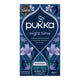Pukka Night Time herbal tea packaging with blue and purple floral design on a white background.