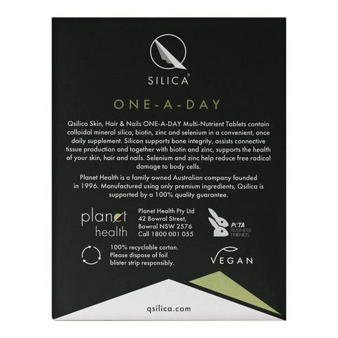 QSilica Skin, Hair & Nails One-A-Day 90 tablets, back of pack: black panel with centred product description, company details and vegan logo