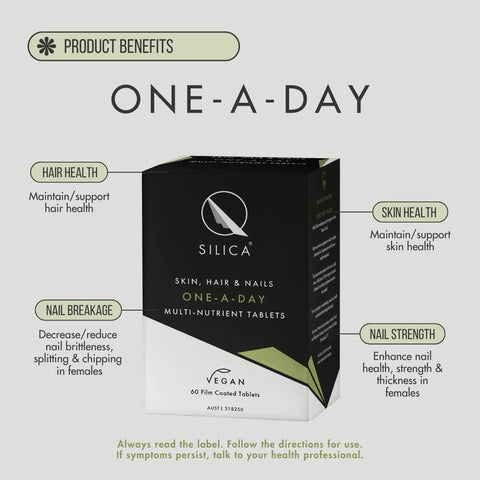 QSilica Skin, Hair & Nails One-A-Day 90 tablets infographic: box with callouts labelled Hair Health, Skin Health, Nail Breakage and Nail Strength