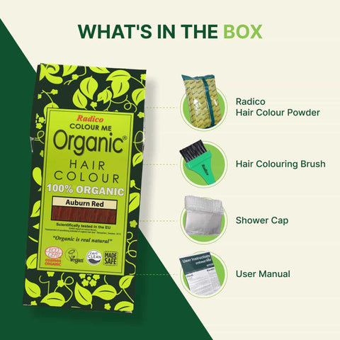 Radico Colour Me Organic hair color packaging with product components listed.