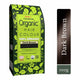 Organic hair color package with green label and dark brown sample on a white background.