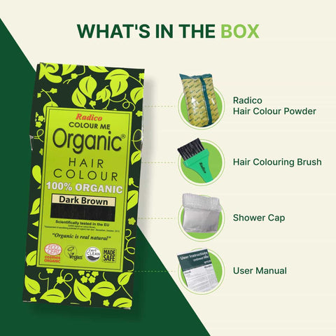 Radico Organic Hair Colour package with product details on a green and white background.
