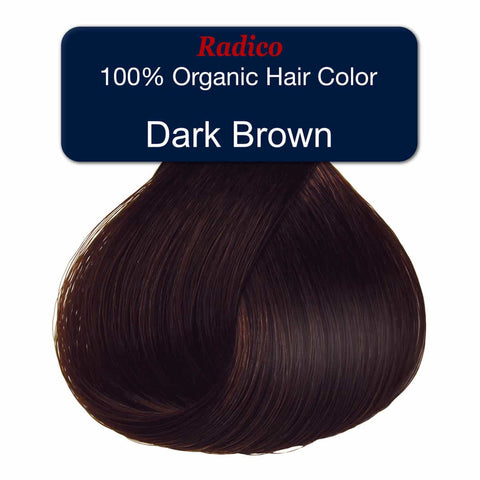 Dark brown hair color swatch with Radico branding on a white background.
