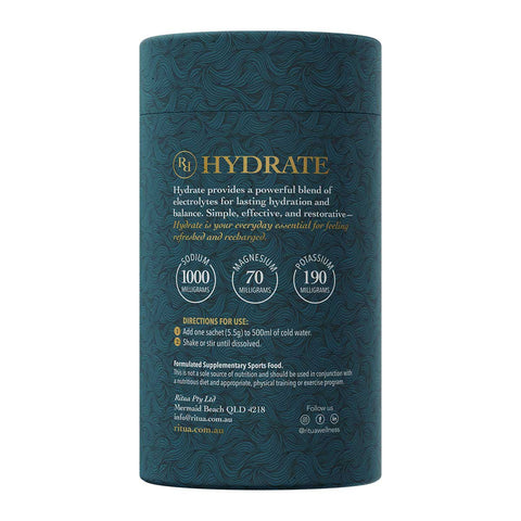 Back of Hydrate Lemon Lime packaging, highlights 1000mg of sodium, 70mg magnesium and 190mg potassium per serve.
