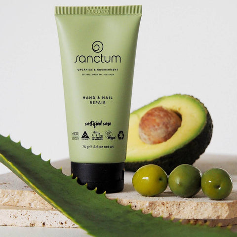Sanctum hand and nail repair cream with avocado and aloe vera leaves on a light background.