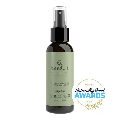 Sanctum deodorant bottle with Naturally Good Awards badge on a white background.