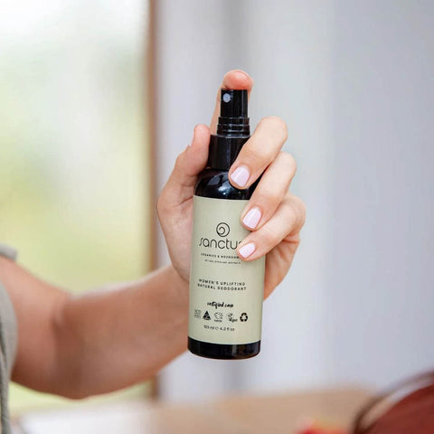 Hand holding a Sanctum product with a blurred background.