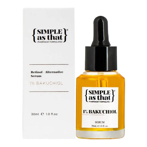 Skincare serum bottle with dropper and packaging labeled 'Simple as That' on a white background