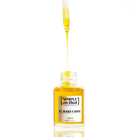 Bottle of 'Simple as That' Bakuchiol serum with dropper on a white background