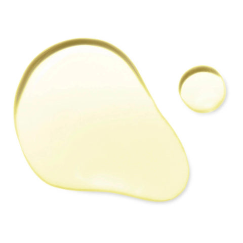 A translucent pale yellow liquid, shown as a large irregular droplet and a smaller round droplet on a plain white background.