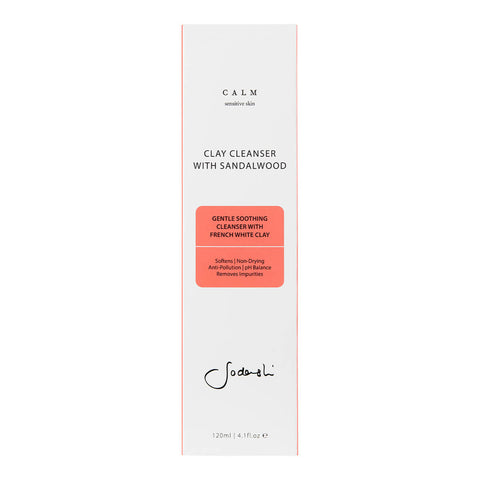120ml box of Sodashi Clay Cleanser with Sandalwood, a gentle soothing cleanser with French white clay. Packaged in a white box.