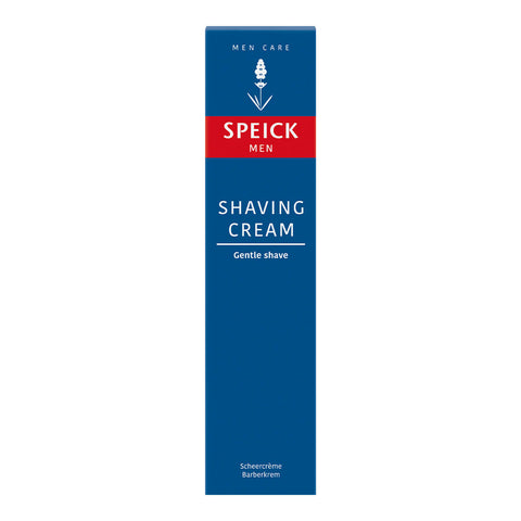 75ml box of Speick Men Shaving Cream that creates a creamy lather with a refreshing fragrance. Contains beeswax and lavender oil. Packaged in a blue box.